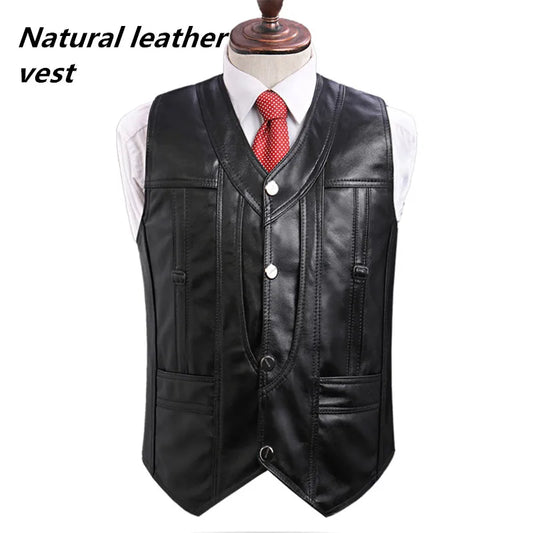 Men's Real Sheepskin Motorcycle Jacket, Leather Waistcoats, Large Size, Soft Black Vest, High-end Brand, Free Shipping, 2024