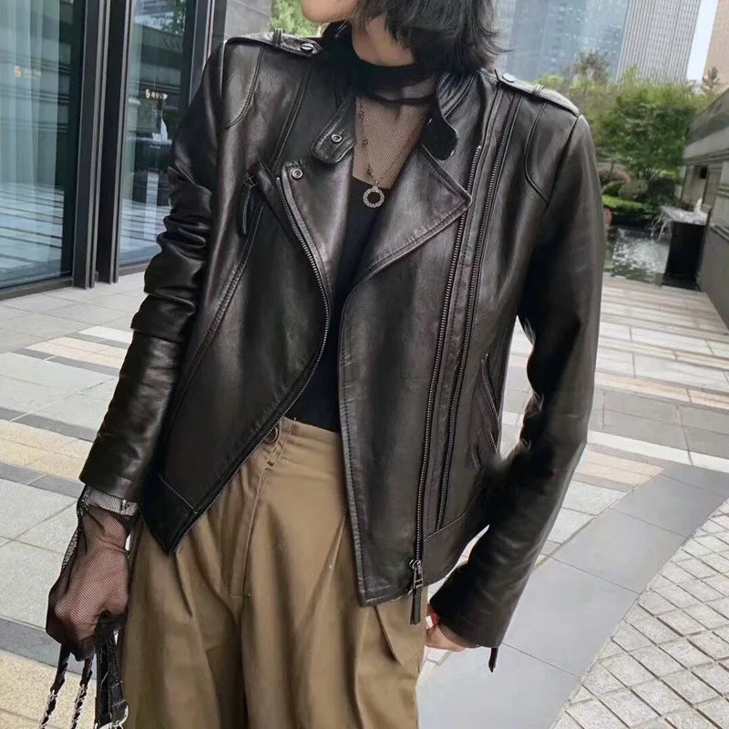Leather Coat Women Short All-match European Fashion Biker Genuine Sheepskin Black Jackets Zipper Pocket Jaqueta Couro Feminina