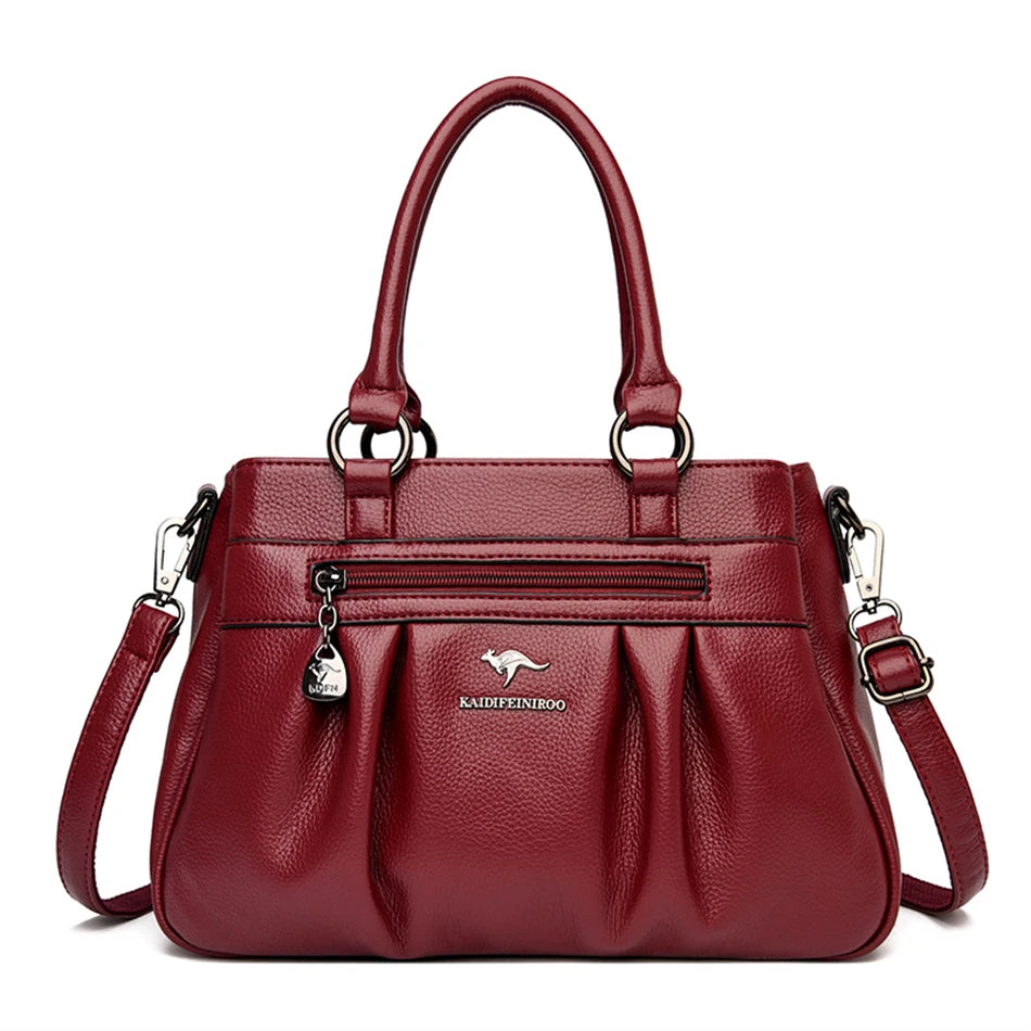 High Quality Leather Handbags Purse Luxury 3 Layers Women Shoulder Croosbody Tote Large Capacity Top-handle Female Ruched Sac