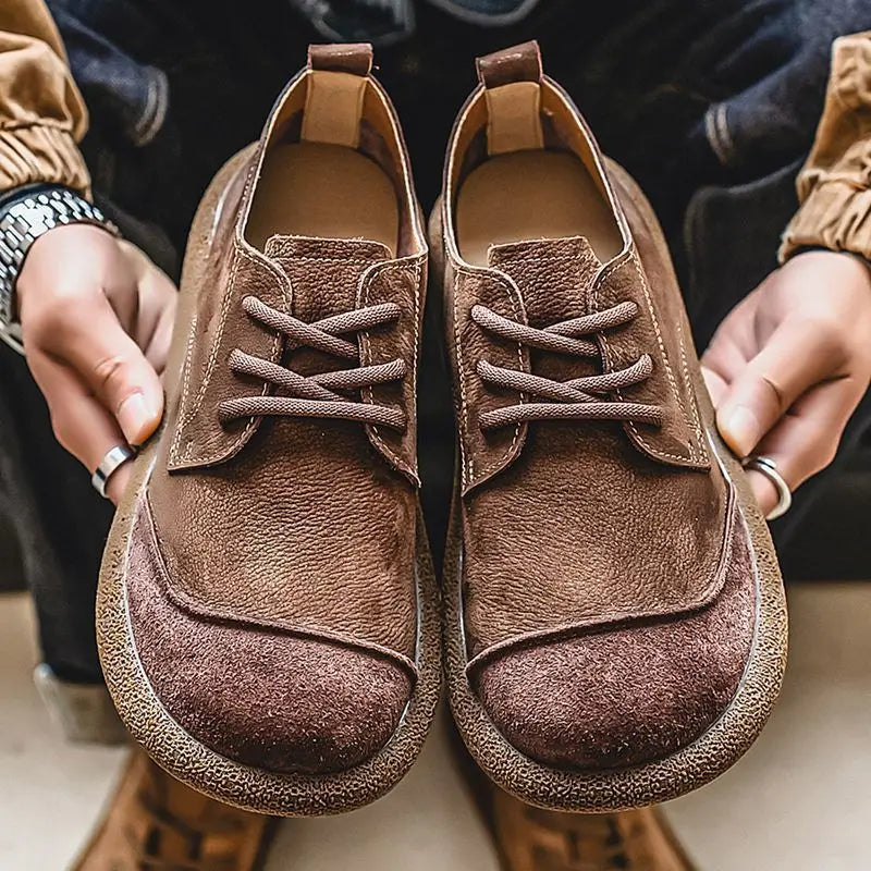 2025 Autumn New Leather Casual Shoes Wide Head Retro Low-top Lace-up Men's Shoes Trendy Versatile Soft Sole Breathable Shoes
