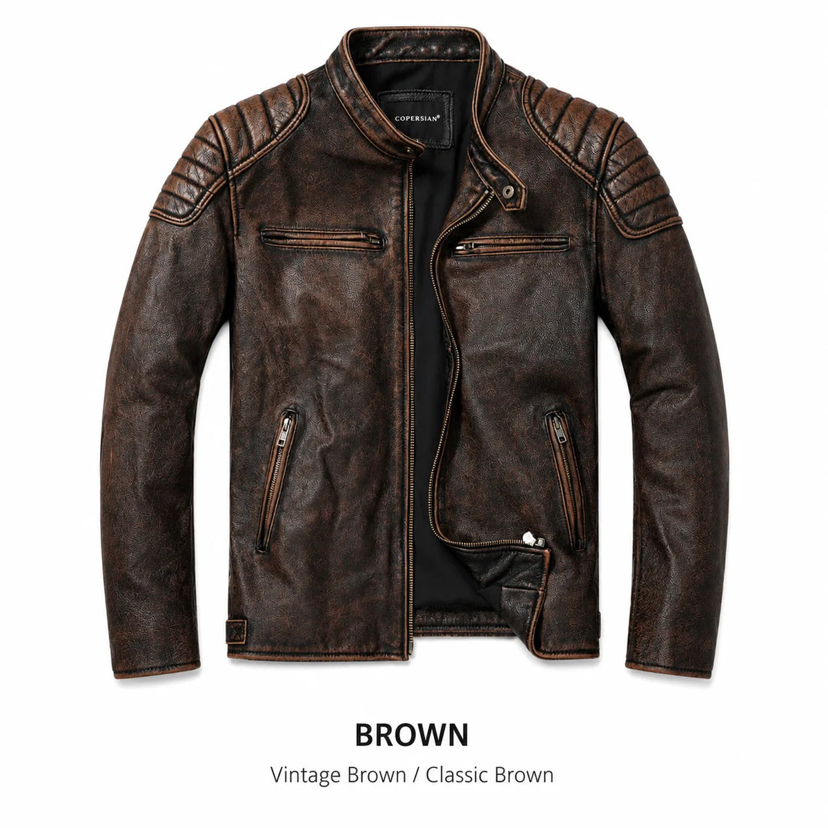 Men's First-Layer Cowhide Leather Jacket Stand Collar Biker Motorcycle Jacket Asymmetrical Zipper Slim Fit