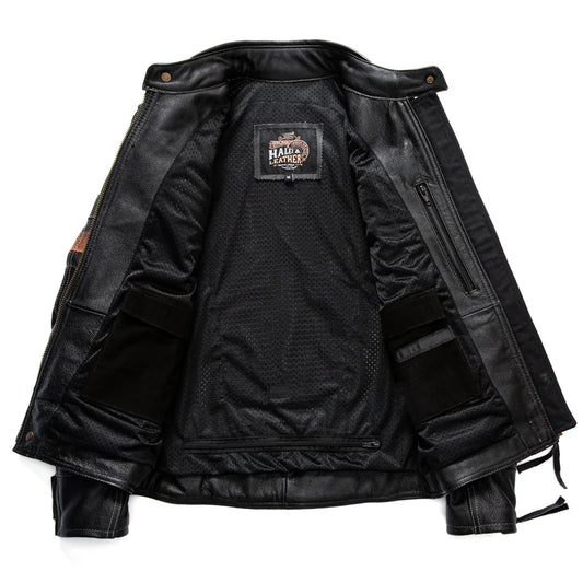 Black Winter Leather Jacket Men Motorcycle Style Plus Size 6XL Genuine Natural Cowhide Stand Collar Add Protection Device Coat