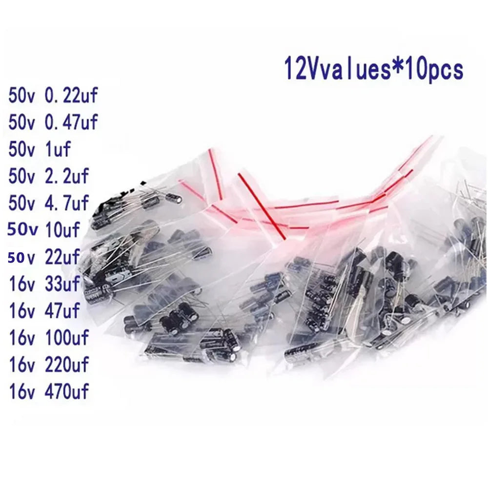 120pcs Electrolytic Capacitor Aluminum Electrolytic Capacitor Kit 12 Values 1uF-470uF DIP Electrolyte Capacitors