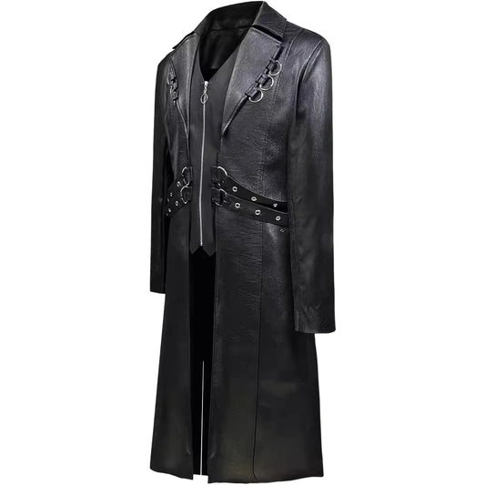 Mens Steampunk Faux Leather Jacket Fashion Medieval Trench Coat Long Outwear Autumn Winter Gothic Motorcycle Halloween Stage