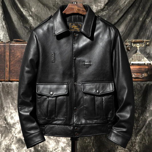 Black Winter Leather Jacket Men Sports Style Plus Size 5XL Genuine Natural Thick Sheepskin Turn-Down Collar Mounted Police Coat