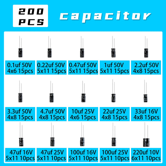 200pcs/lot Electrolytic Capacitor Assortment Kit - 15 Values (10V, 16V, 25V, 50V) 0.1uF-220uF - Includes 0.22uF, 2.2uF, 100uF