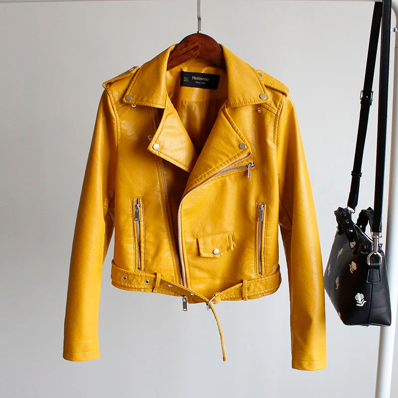 New Leather Jacket Women's Fashion Autumn PU Slim Fit Artificial Leather Motorcycle Coat Black Red Leather Jacket Women