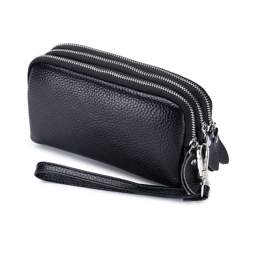 Women Long Wallet Genuine Leather 3-Layer Zipper Purse Bag Large Capacity Wristlet Clutch Wallets Phone Bag Money Purses