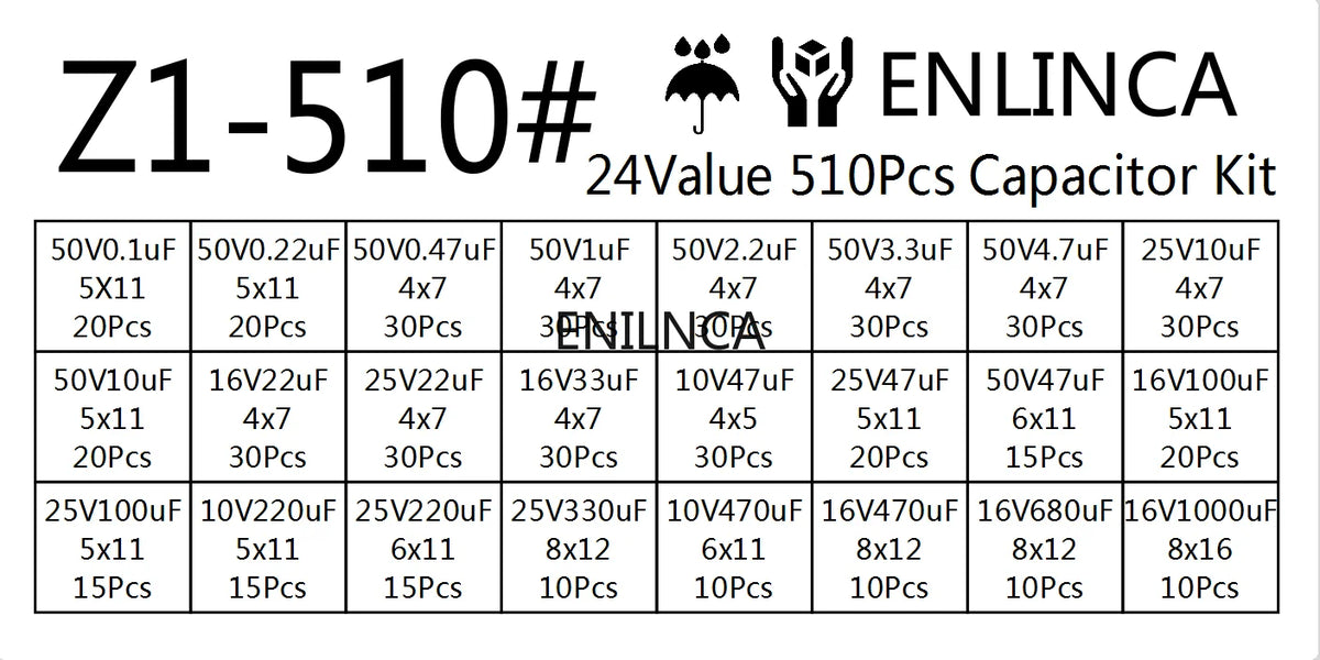510Pcs/lot 0.1UF-1000UF 24Values Aluminum Electrolytic Capacitors 16-50V mix Electrolytic capacitor Assorted kit and storage box