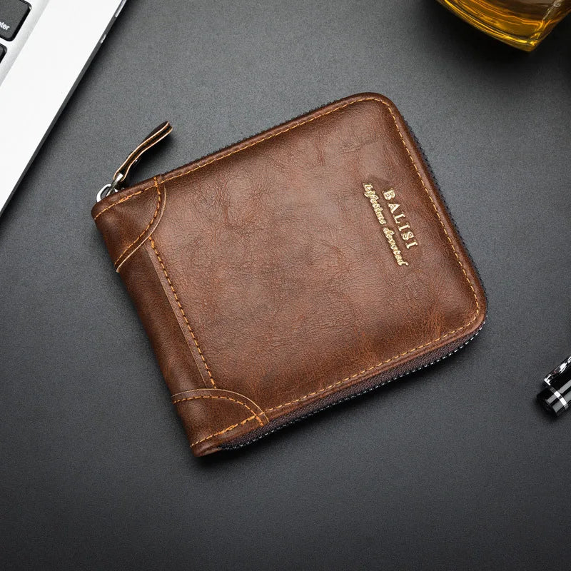 New Fashion Men's Wallet PU Leather Purse Zipper Retro Style Short Wallets for Men Card Holders Coin Storage Money Bag