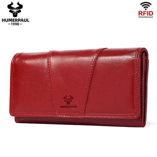 HUMERPAUL Fashion 100% Genuine Leather Women Wallets Long Clutches Wallet For Multifunctional Popular Casual Money Pocket
