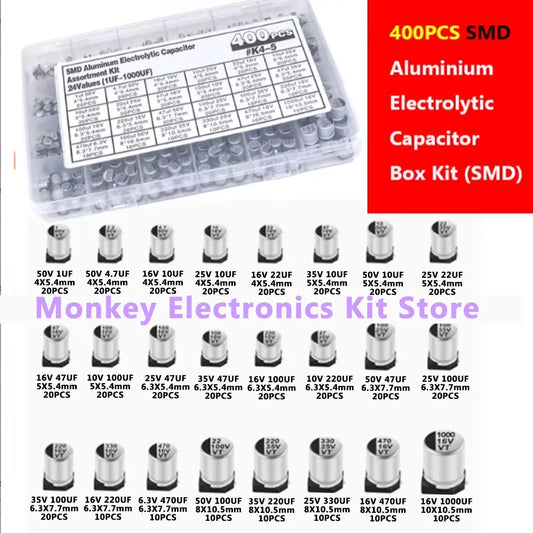 400PCS capacitor kit Aluminum Electrolytic SMD condensadores electrolíticos 1uF~1000uF 6.3V-50V 24Value with box kit de reparac