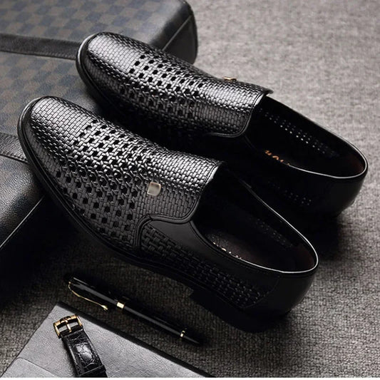 Men's Synthetic Leather Shoes Soft Sole Breathable Low Heeled Business Casual Shoes Hollow Out Dress Sandals Middle Aged
