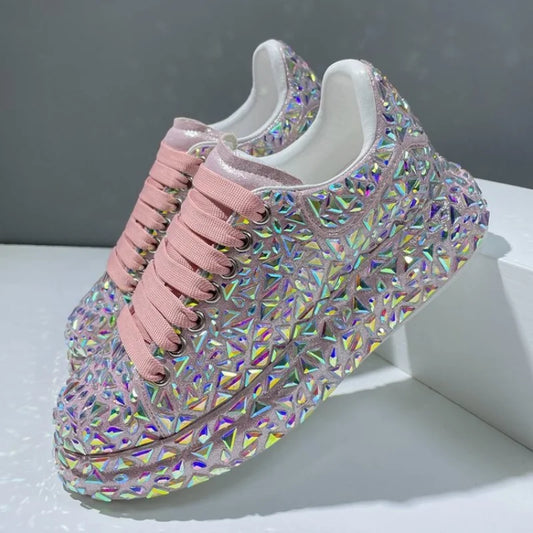 Leather Women Shoes Autumn Spring New Style Fashion Platform Shoes Ins Platforms Sneakers Tide Shine Bling Rhinestone Shoes