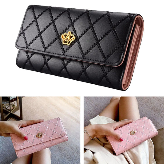 Women PU Leather Black Long Wallet Diamond Pattern Purse Large Capacity Card Holder Crown Buckle Ladies Phone Bag Girls Gifts