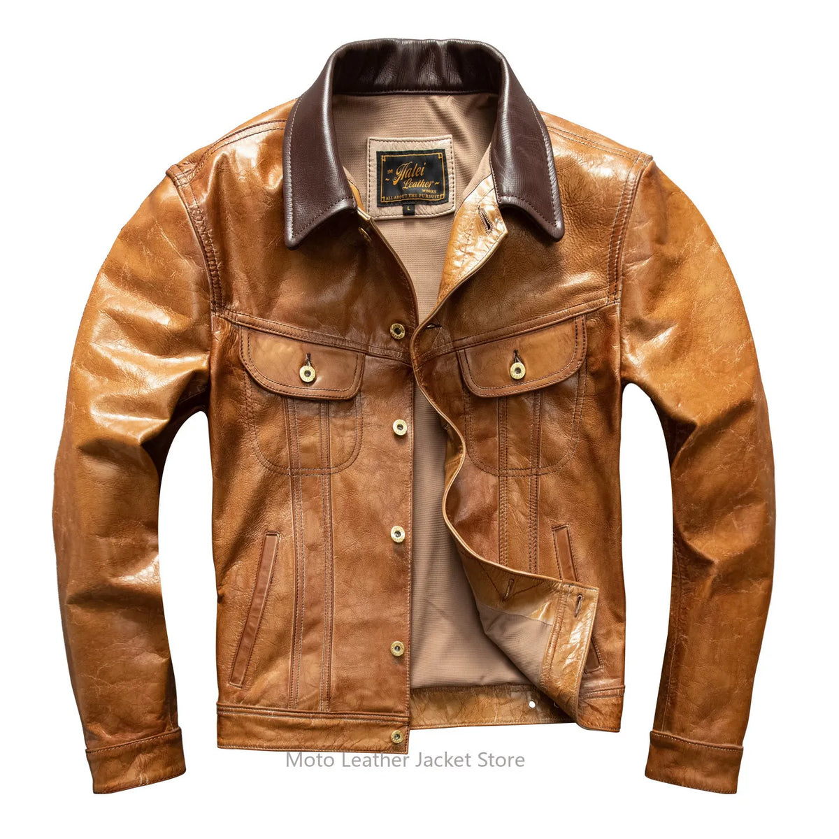 Men's First Layer Goatskin Storm Rider Leather Jacket Lapel Short Denim Style Genuine Leather Coat Plus Size