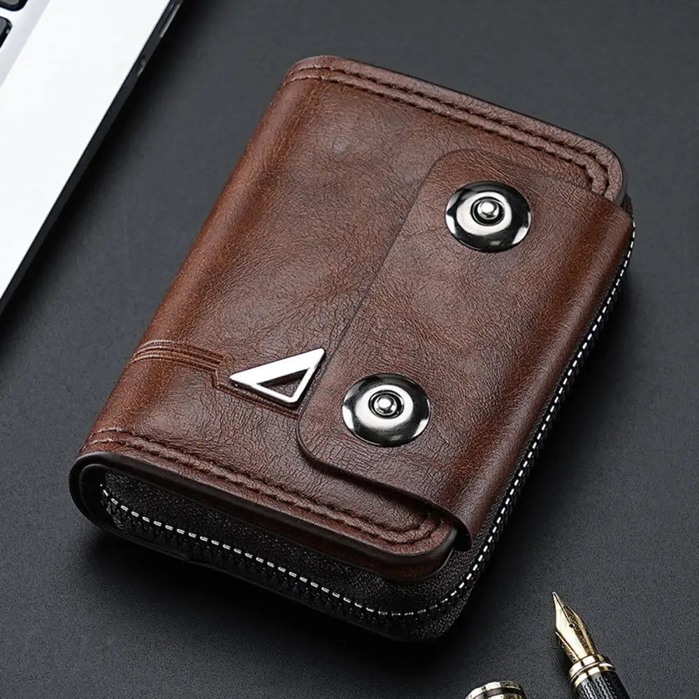 Card Holder Leather Wallet Gift Travel Business Casual Men's Double Buckle Zipper Short Coin Purse Multi-function Money Bags