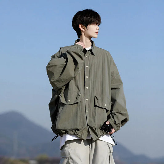 Mens Lightweight Jacket Spring Summer Two Large Pockets Loose Fit Plus Size Casual Comfort Breathable Fabric Sun protection Coat