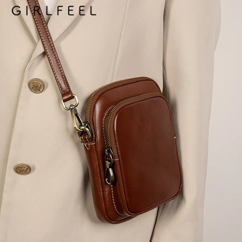Genuine Leather Handbag for Women 2024 Trend Small Bag Simple Vegetable Tanned Cowhide Mobile Phone Bag Crossbody Shoulder Bag