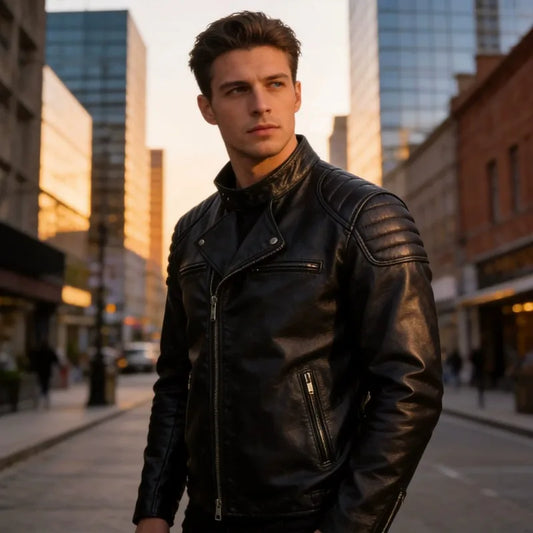 Men's First-Layer Cowhide Leather Jacket Stand Collar Biker Motorcycle Jacket Asymmetrical Zipper Slim Fit