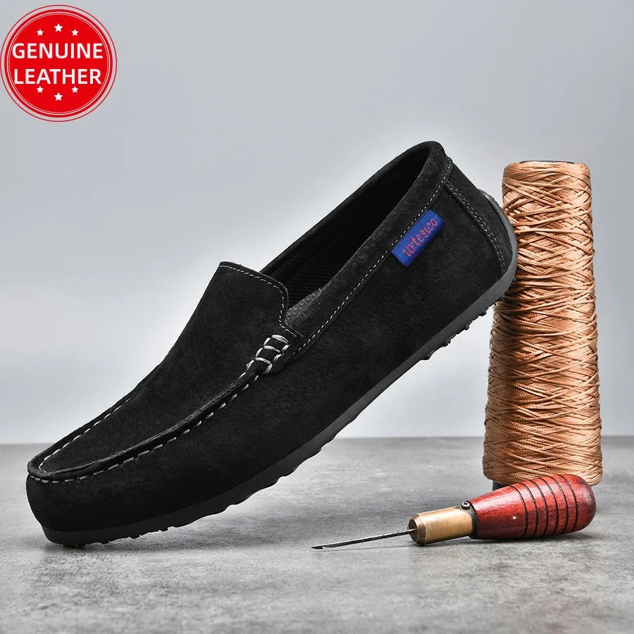 Men's Genuine Leather Handcrafted Slip-On Shoes - Breathable Comfortable Rubber Bottom Casual Formal Loafers
