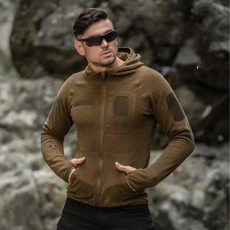 Men's Tactical Training Fleece Jacket Outdoor Cardigan Hooded Sweater Camping Hiking Fishing Hunting Coat Sport Clothes Spring
