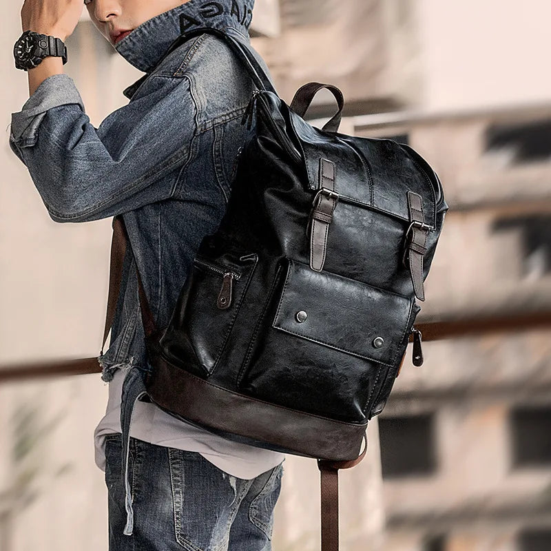 Large Men PU Leather Backpack Anti-theft Laptop Notebook Tas Black Baggage Boy Schoolbag Male Business Shoulder Bag Mochila