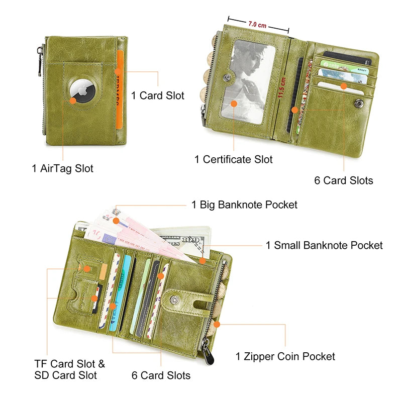 Oil Leather Women Wallets Short Card Holder Anti-lost Airtag Case Hasp Zipper Coin Purse Ladies Wallets Rfid Money Bag Mini