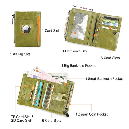 Oil Leather Women Wallets Short Card Holder Anti-lost Airtag Case Hasp Zipper Coin Purse Ladies Wallets Rfid Money Bag Mini