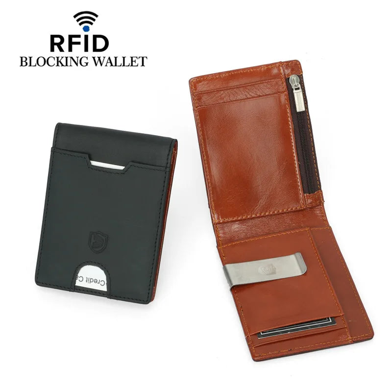 Genuine Leather Men's Wallet With Coin Pocket Credit Card Holder Purse For Man Portable Bifold Clamp Male Money Bag Metal Clip