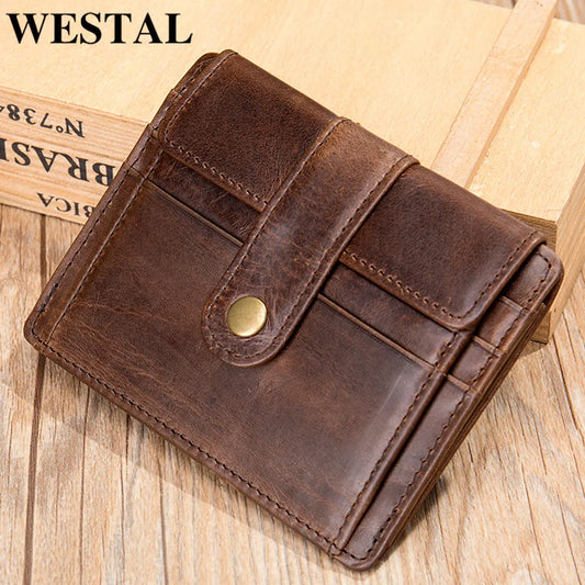 WESTAL Men's Purse Leather for Coin Wallets Vintage Credit Card Holders Hasp Business Cards for Men Photo Wallets Coin Purses