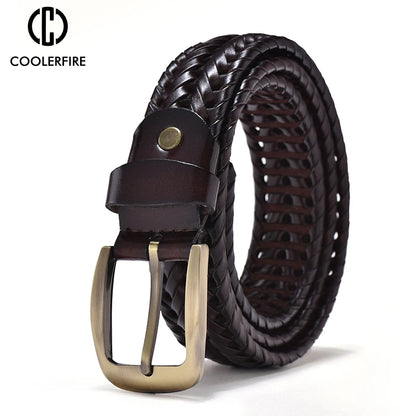 Men Genuine Leather Braided Belts Webbing High Quality Hand Vintage Belts for Men Gold Pin Buckle Casual for Jeans Strap HQ212