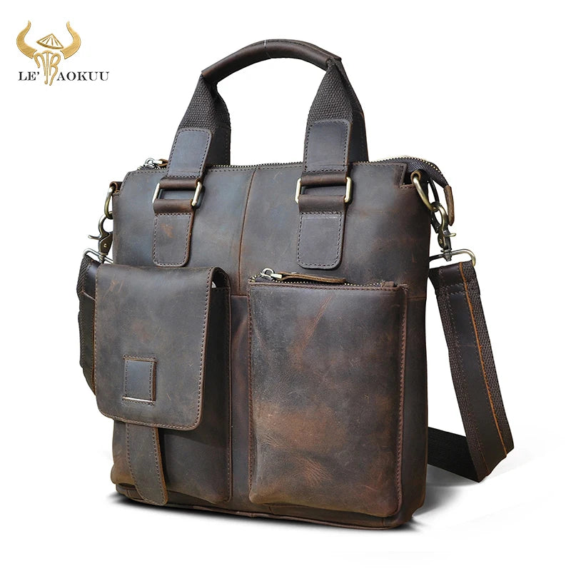 Men Original Leather Retro Designer Business Briefcase Casual 12" Laptop Travel Bag Tote Attache Messenger Bag Portfolio B259