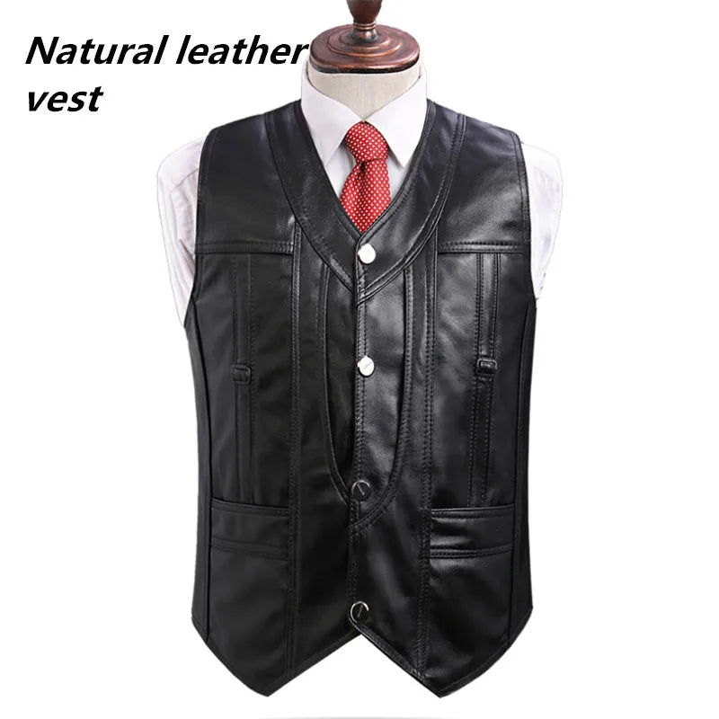 Men's Real Sheepskin Motorcycle Jacket, Leather Waistcoats, Large Size, Soft Black Vest, High-end Brand, Free Shipping, 2024