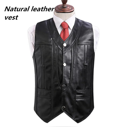 Men's Real Sheepskin Motorcycle Jacket, Leather Waistcoats, Large Size, Soft Black Vest, High-end Brand, Free Shipping, 2024