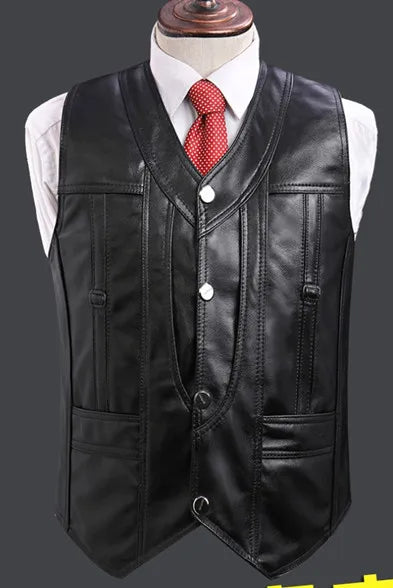 Men's Real Sheepskin Motorcycle Jacket, Leather Waistcoats, Large Size, Soft Black Vest, High-end Brand, Free Shipping, 2024