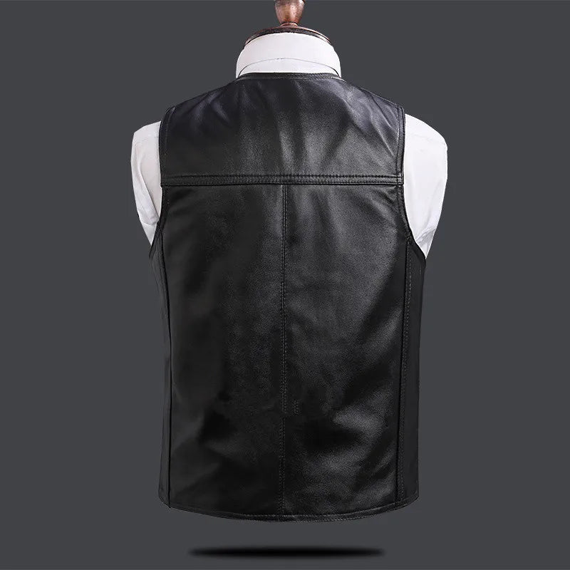 Men's Real Sheepskin Motorcycle Jacket, Leather Waistcoats, Large Size, Soft Black Vest, High-end Brand, Free Shipping, 2024