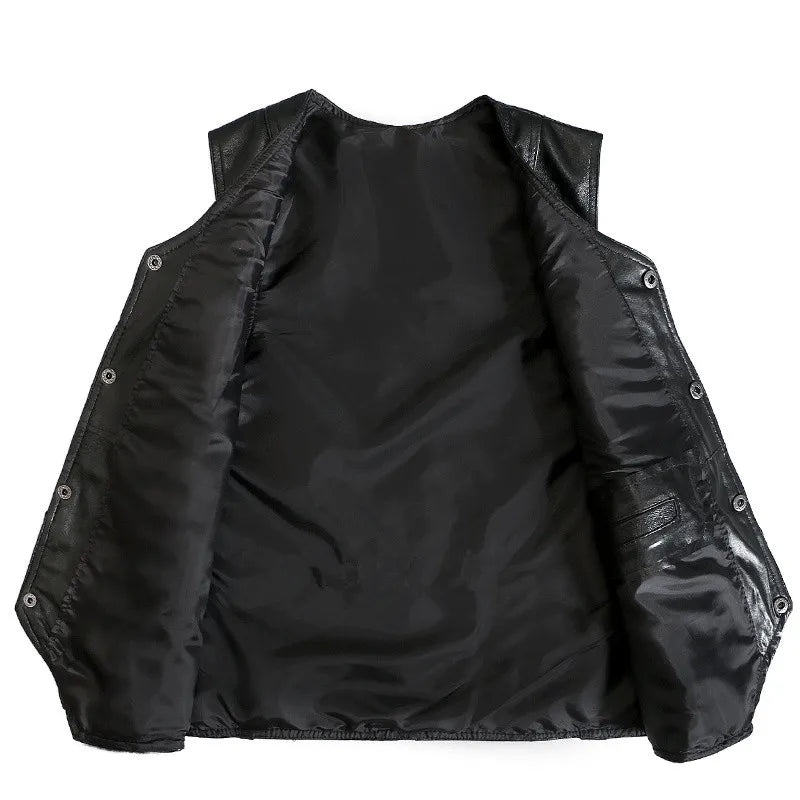Men's Real Sheepskin Motorcycle Jacket, Leather Waistcoats, Large Size, Soft Black Vest, High-end Brand, Free Shipping, 2024