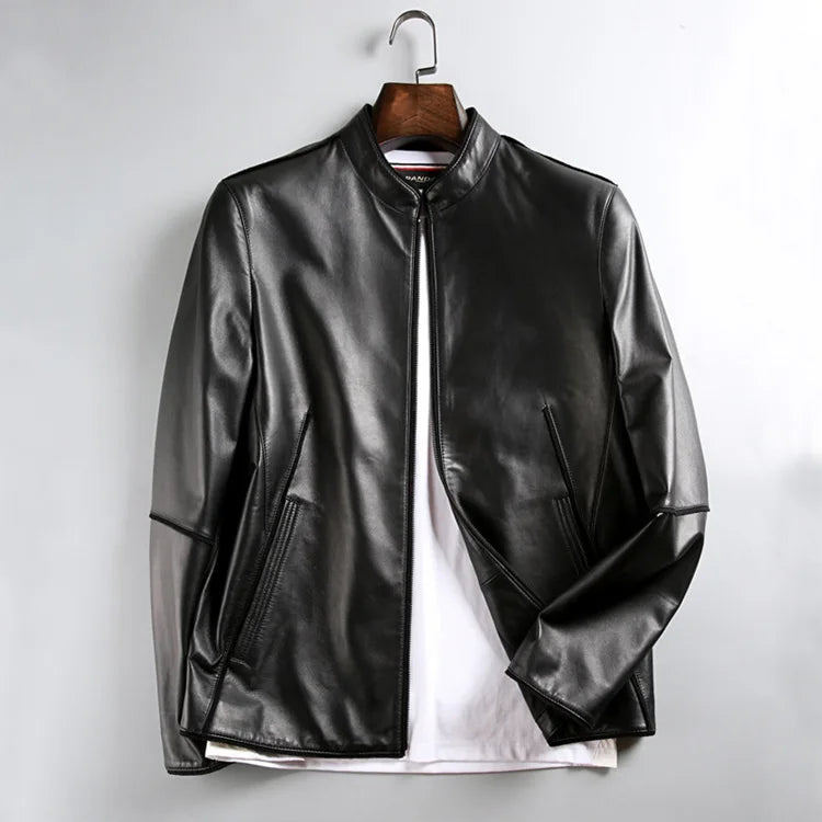Men's Genuine Sheepskin Leather Jacket Casual Stand Collar Male Coat Leisure Spring Autumn Wear