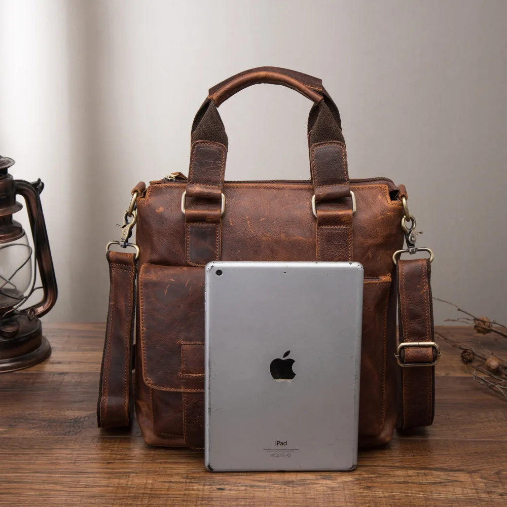 Men Original Leather Retro Designer Business Briefcase Casual 12" Laptop Travel Bag Tote Attache Messenger Bag Portfolio B259