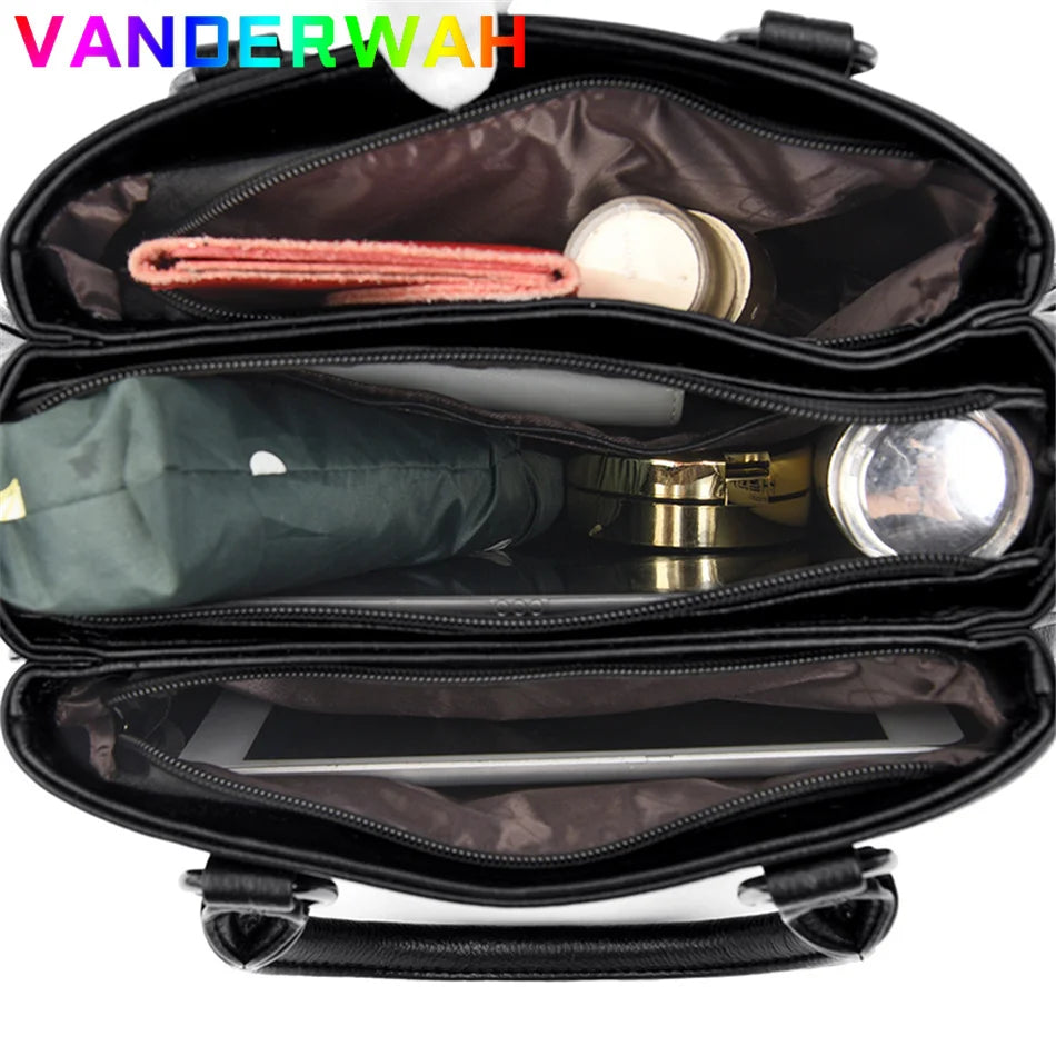 High Quality Leather Handbags Purse Luxury 3 Layers Women Shoulder Croosbody Tote Large Capacity Top-handle Female Ruched Sac