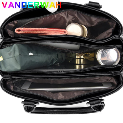 High Quality Leather Handbags Purse Luxury 3 Layers Women Shoulder Croosbody Tote Large Capacity Top-handle Female Ruched Sac