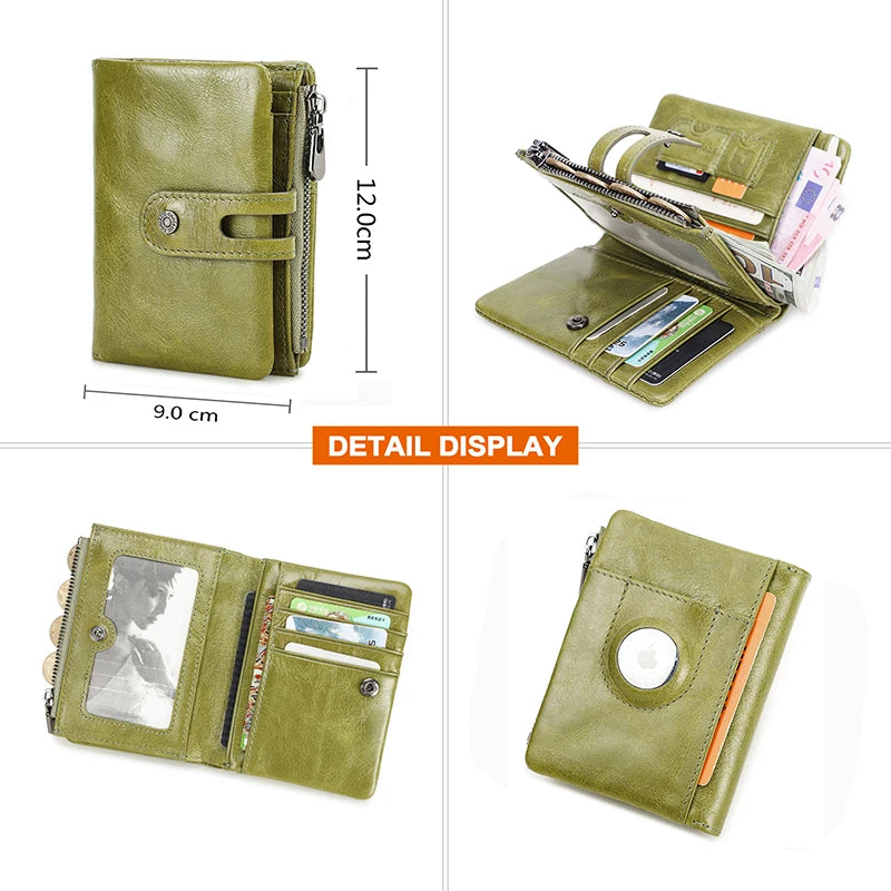 Oil Leather Women Wallets Short Card Holder Anti-lost Airtag Case Hasp Zipper Coin Purse Ladies Wallets Rfid Money Bag Mini
