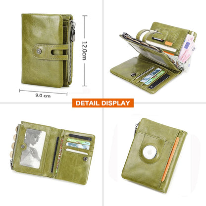 Oil Leather Women Wallets Short Card Holder Anti-lost Airtag Case Hasp Zipper Coin Purse Ladies Wallets Rfid Money Bag Mini