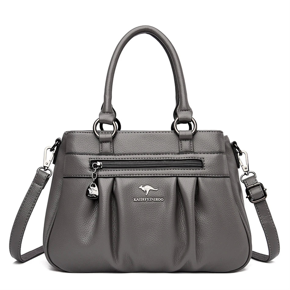 High Quality Leather Handbags Purse Luxury 3 Layers Women Shoulder Croosbody Tote Large Capacity Top-handle Female Ruched Sac
