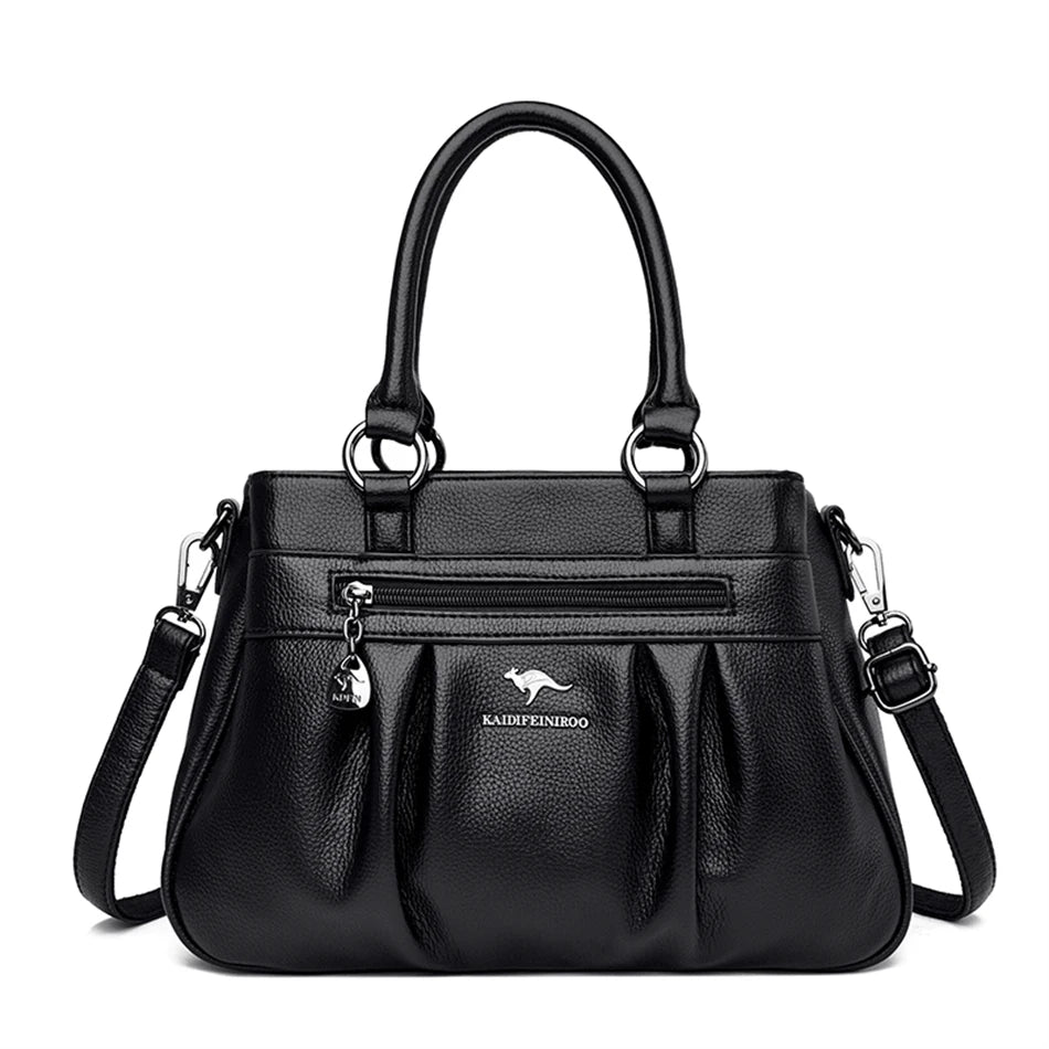 High Quality Leather Handbags Purse Luxury 3 Layers Women Shoulder Croosbody Tote Large Capacity Top-handle Female Ruched Sac