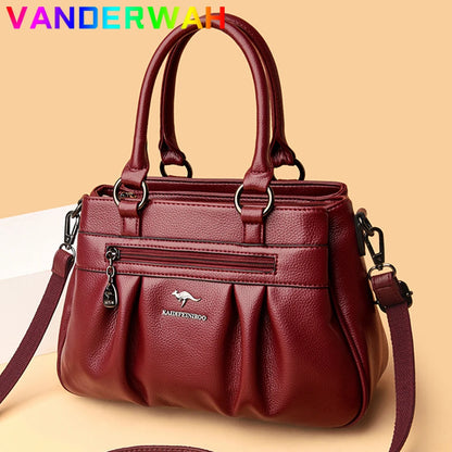 High Quality Leather Handbags Purse Luxury 3 Layers Women Shoulder Croosbody Tote Large Capacity Top-handle Female Ruched Sac