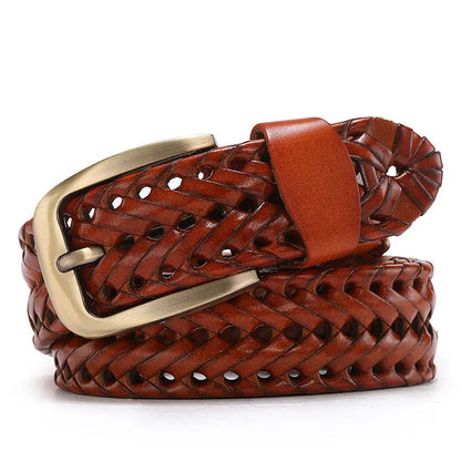 Men Genuine Leather Braided Belts Webbing High Quality Hand Vintage Belts for Men Gold Pin Buckle Casual for Jeans Strap HQ212