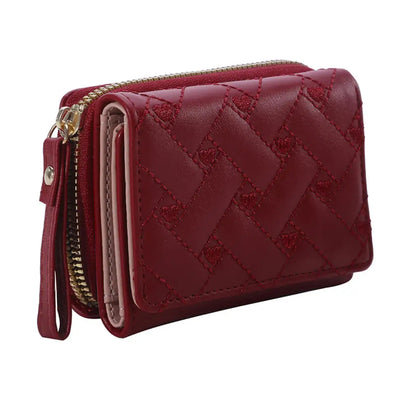 PU Leather Tri-Fold Wallet for Women Embroidery Multiple Card Slots Purse with Coin Pocket Minimalist Cash Card Holder