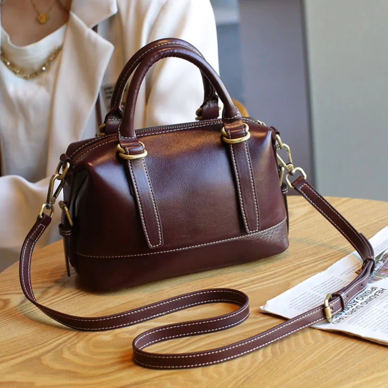 New Genuine Leather Boston Bag for Women First Layer Cowhide Shoulder Crossbody Handbag Elegant Versatile Top Handle Purse